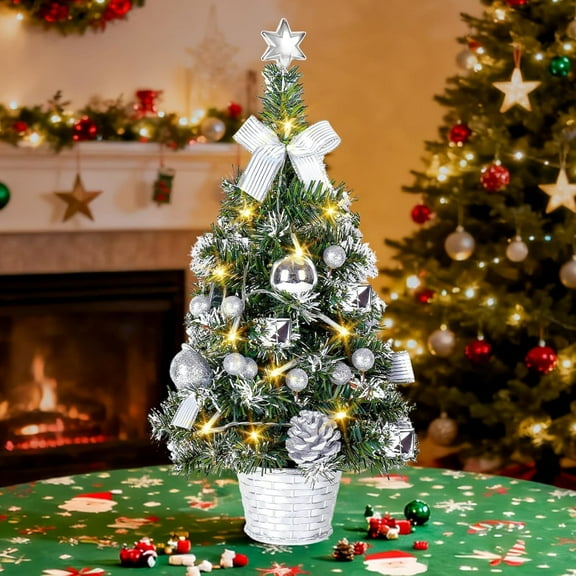 XEAZON Christmas Tree for Tabletop, 16 in Mini Artificial Christmas Tree with LED String Lights,Star Tree Topper,Balls,Bows,Pine Cones for Table Home Office Shopping Bar Christmas Decoration(Silver)