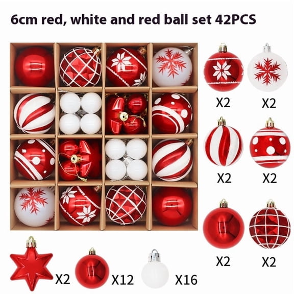 Christmas Balls Ornaments Set, 42Pcs Xmas Plastic Baubles Hanging Balls for Christmas Tree Holiday Party Wedding Decoration (Red & White)