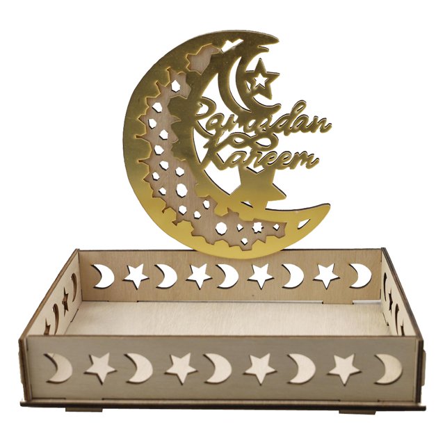 Bandeja de madera decorativa para servir Eid Mubarak, bandeja de comida para postre, estrella, Luna, decoración islámica para fiesta musulmana, decoración del hogar para Ramadán
