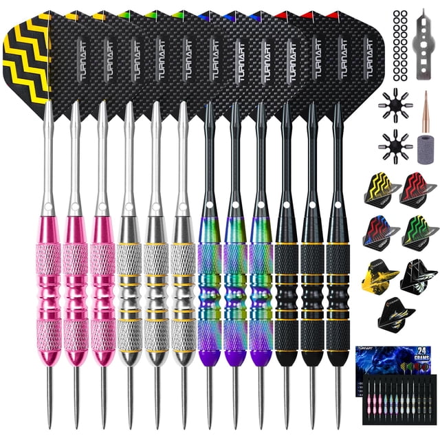 Juego de dardos con punta de acero Turnart, 24 g, 12 unidades, con funda y accesorios