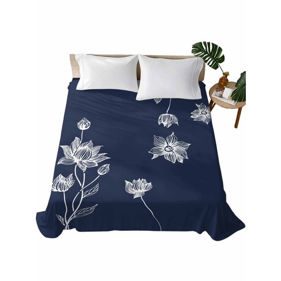 Full Size Flat Sheet Only, Navy Blue White Floral Soft Brushed Microfiber Bed Sheets, Abstract Art Summer Botanical Hotel Quality Breathable Bedding Top Sheet, Easy Care, 66"x102"