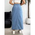 thumbnail image 2 of Womens Blue High Waist Slim Fit Split Denim Midi Skirt, 2 of 8