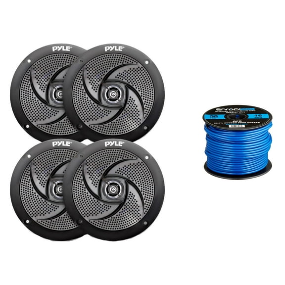4x Pyle Marine 6.5" Waterproof Black 240 Watt Power and Low Profile Slim Style Speakers, 16-Gauge 50 Foot Tinned Speaker Wire