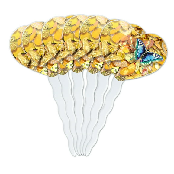 Be Unique Blue Gold Butterflies Heart Love Cupcake Picks Toppers Decoration Set of 6