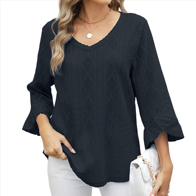 Camiseta de Mujer con Cuello en V, Mangas 3/4 con Volantes y Ojales, Blusa Informal, Estilo Túnica, Tendencia 2025 Negro XL