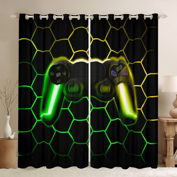 jejeloiu Console Game Lovers Black Out Curtains,Gradient Green Yellow Gamepad Curtains Pack of 2 (42x63 Each),Modern Geometric Honeycomb Bedroom Curtains For Boys Teens,Ultra Soft Home Decor