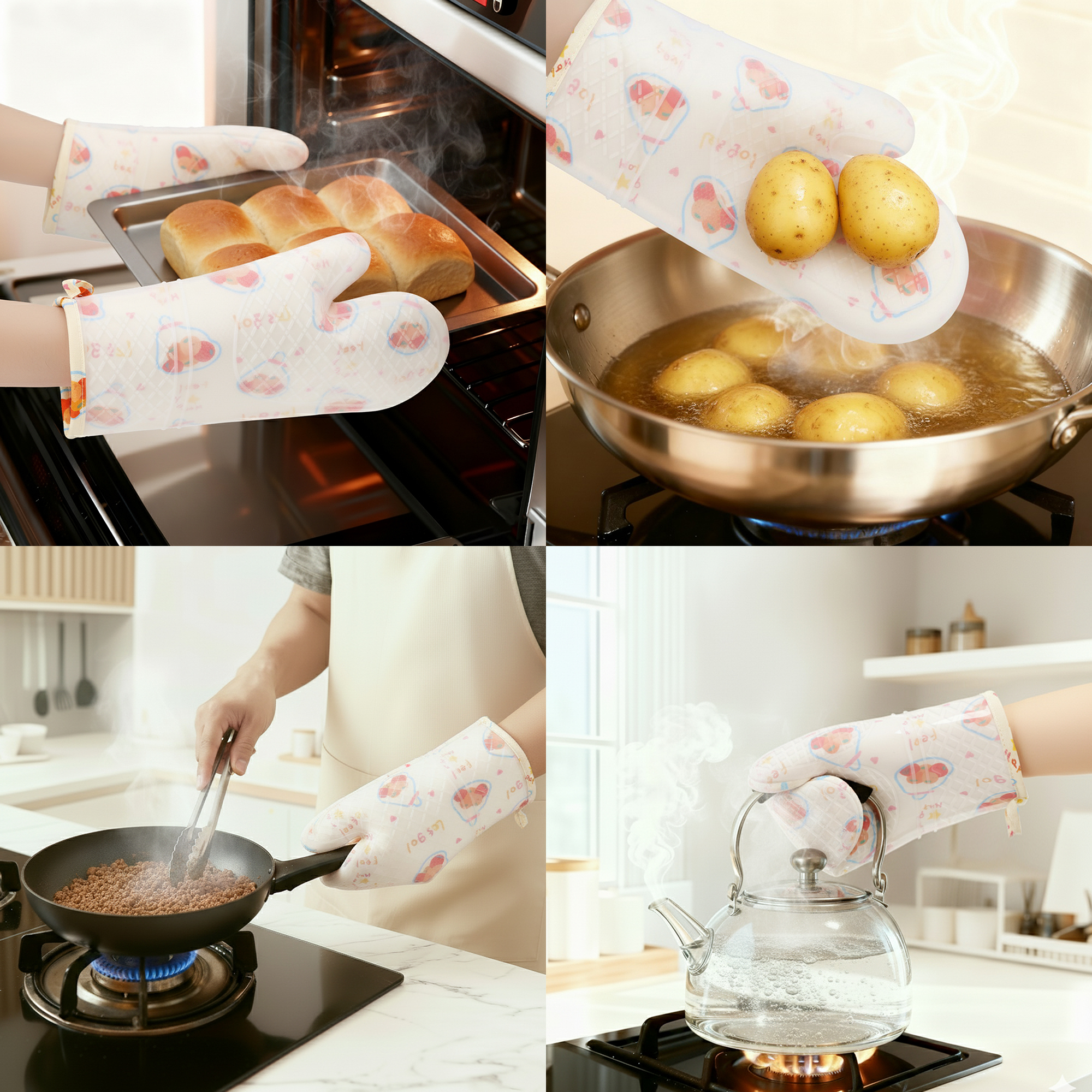 Unique Bargains Heat Resistant Waterproof Cooking Gloves Set of 2 Beige 11.6x7.3inch