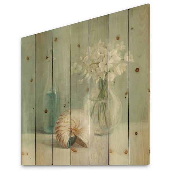 Designart 'Pastel Bath Accessories IV' Farmhouse Print on Natural Pine Wood
