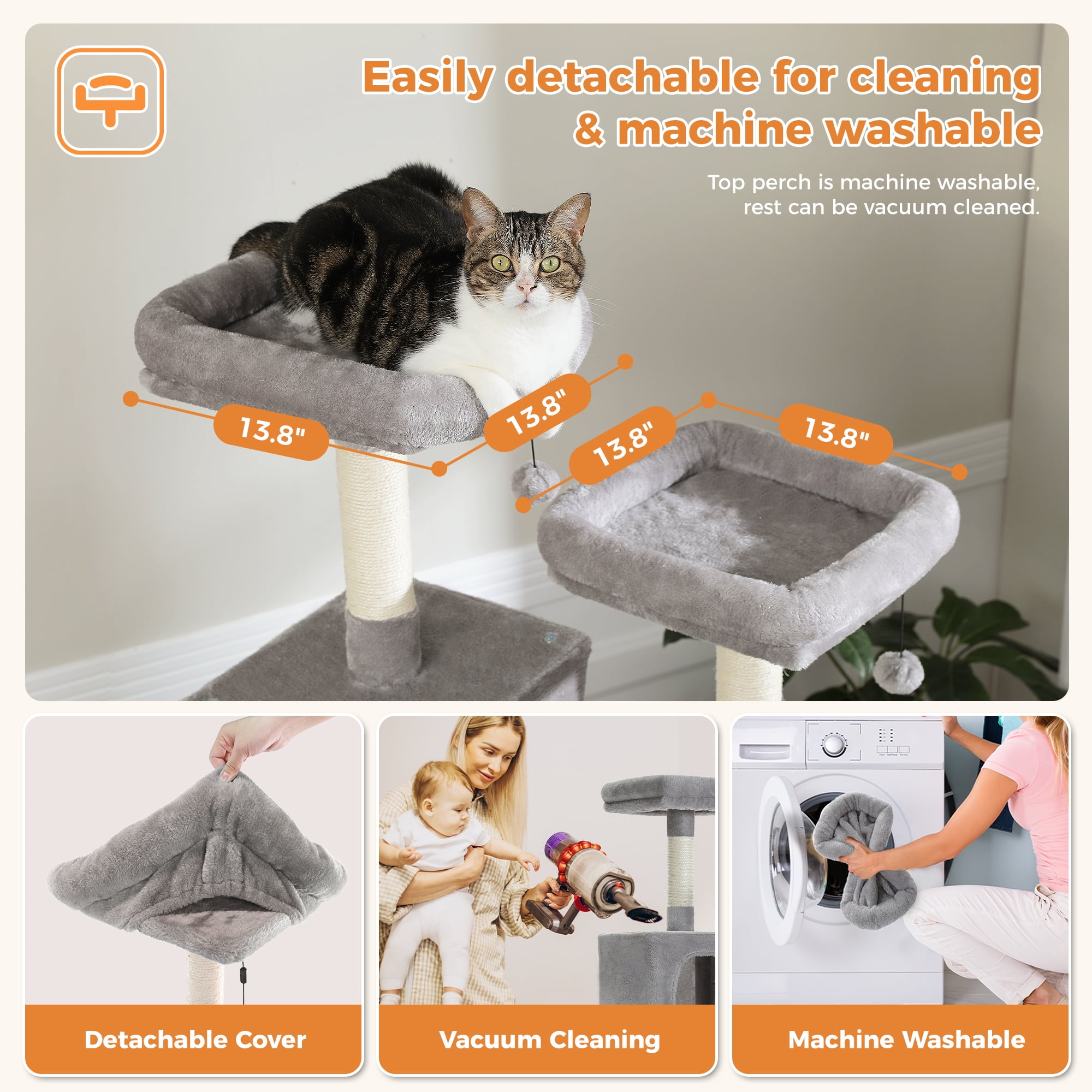 Pefilos 70" Large Cat Tree for Indoor Cats, Multi-Level Cat Tower Cat Scratching Post with 2 Perches, 2 Condos, Hammock and 2 Pompoms, Gray