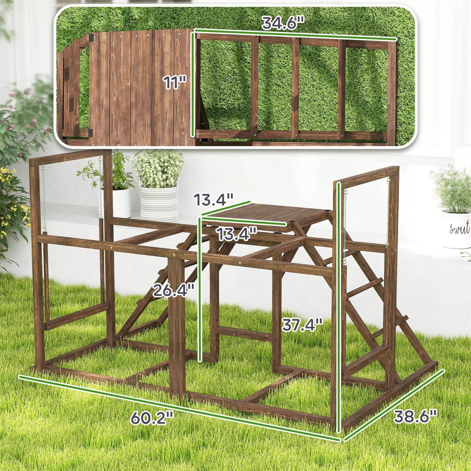 Pefilos 60" Wooden Chicken Activity Play Set for 3-4 Chicken, Outdoor Hen House Accessory with Perch, Swing, Ladder, Platforms, Feeder Storage, for Garden, Brown