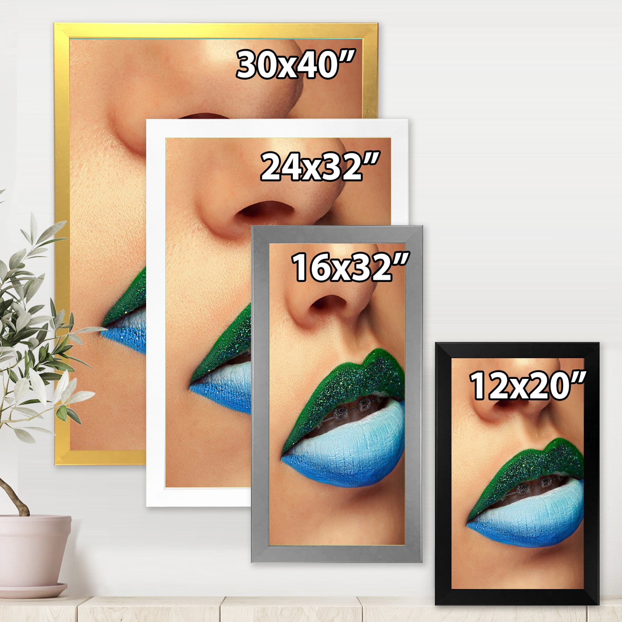 Designart 'Close Up Woman Lips With Fashion Make Up and Brackets' Modern Framed Art Print