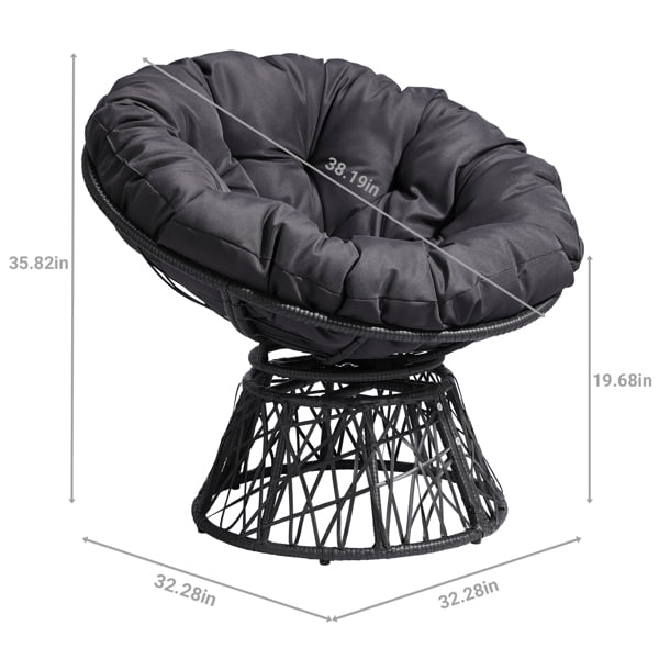 38" Ergonomic Swivel Wicker Papasan Chair with Thick Tufted Cushions, 360 Degree Rotatable Chairs for Living Room Bedroom Reading Room, Gray Cushion