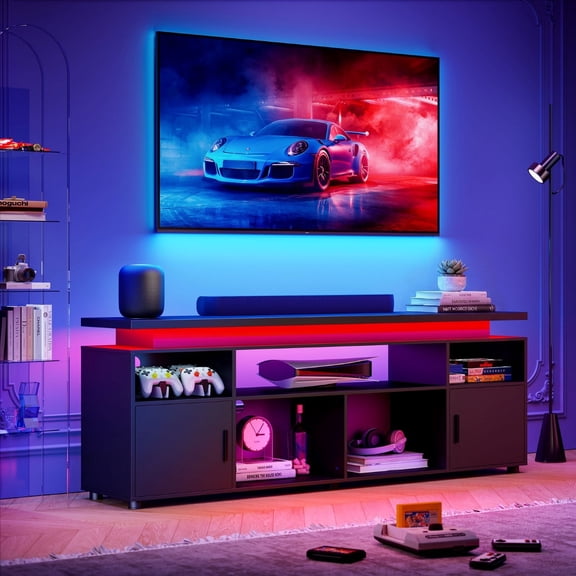 SUNCOZE TV Stand for TVs Up to 80 inch Entertainment Center with LED Lights Console for Living Room Black