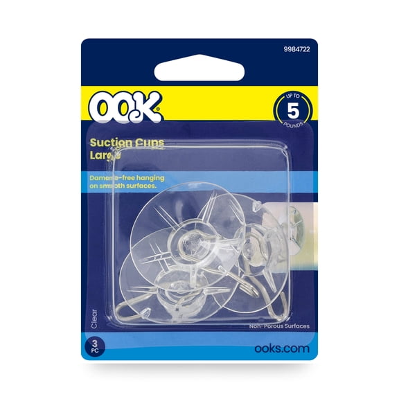Ook Suction Cup Hooks, Suction Cup Hangers, Large, 5 lbs, PVC, Clear, 3 pack