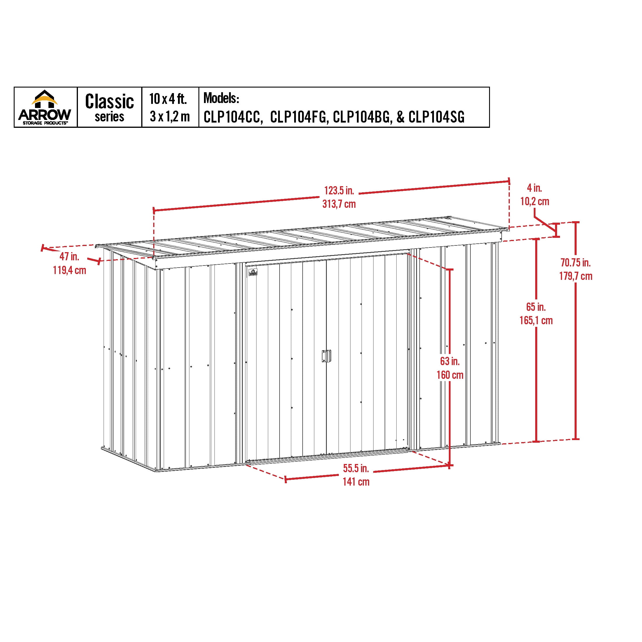 Arrow Classic 10 x 4 x 6 ft Flute Grey Steel Storage Shed