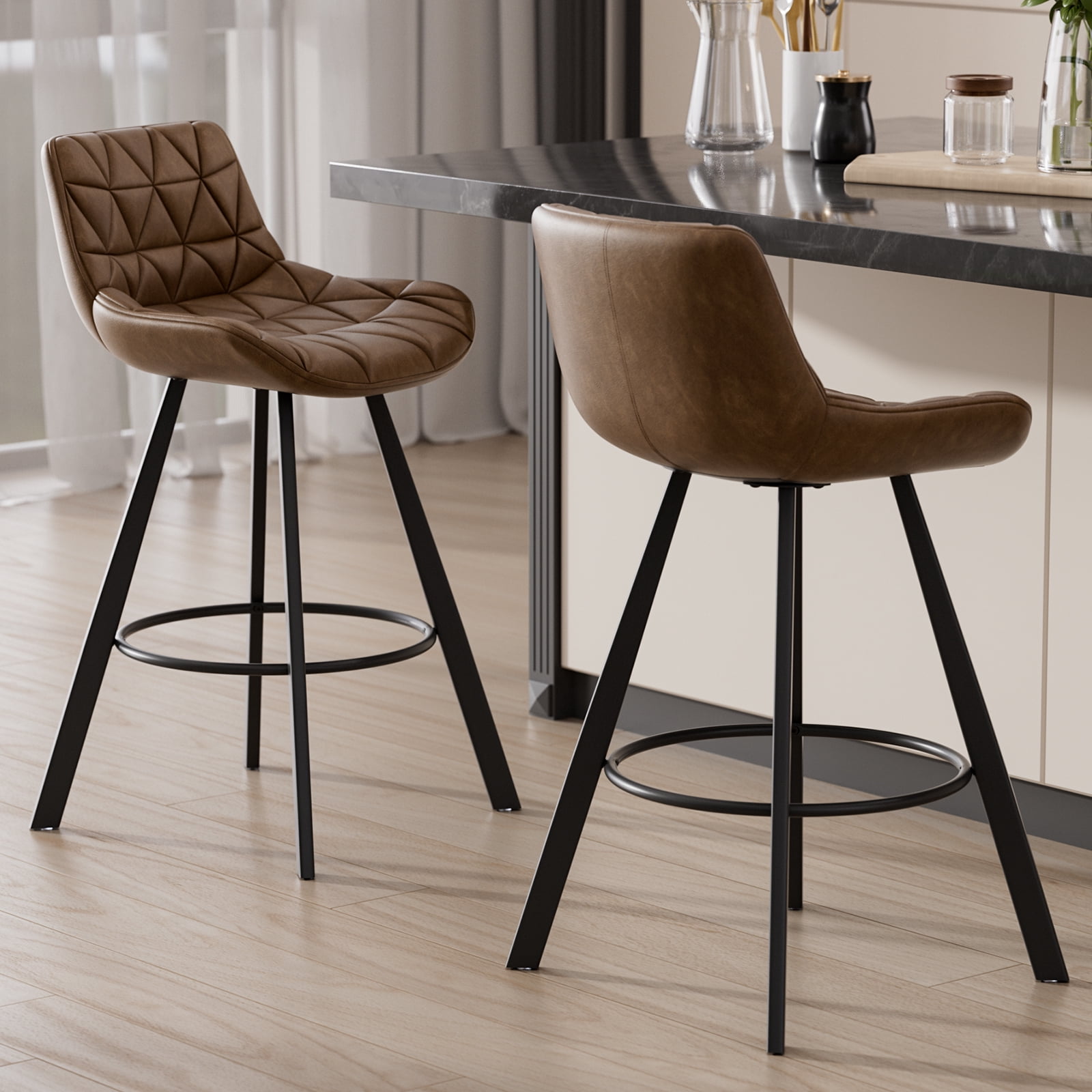 Genpo Bar Stools Set of 3, 26" Kitchen Counter Height Bar Stools with Back Metal Legs and Footrest, Brown Leather Barstools for Kitchen Island