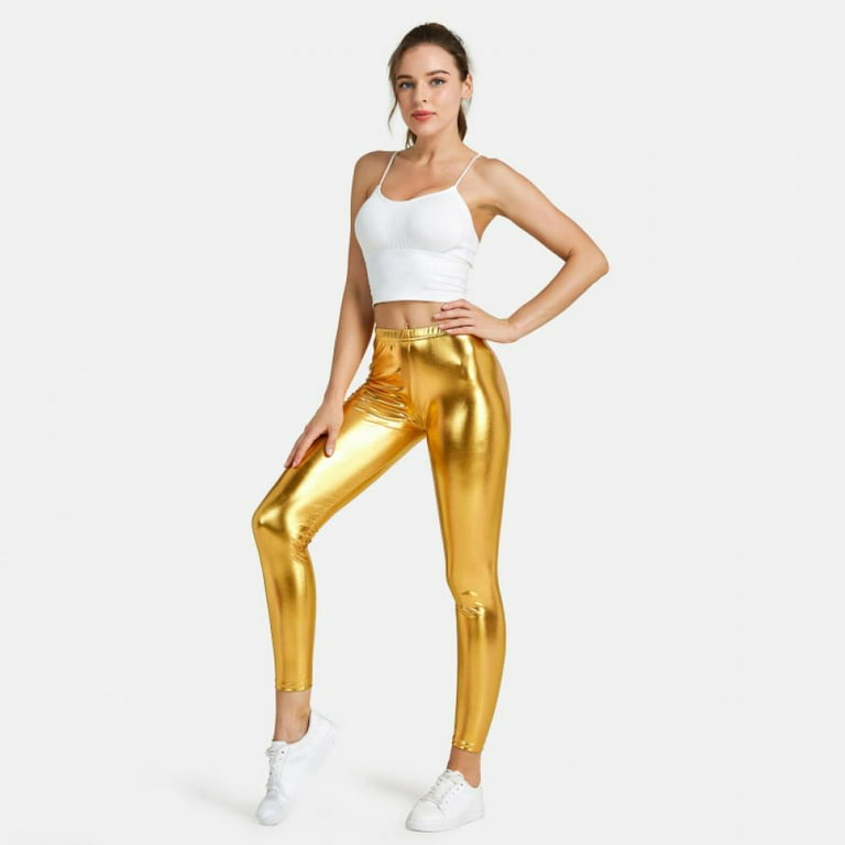 Baywell Women's Shiny Holographic Leggings Liquid Metallic Pants Iridescent Tights  Gold S-XL 