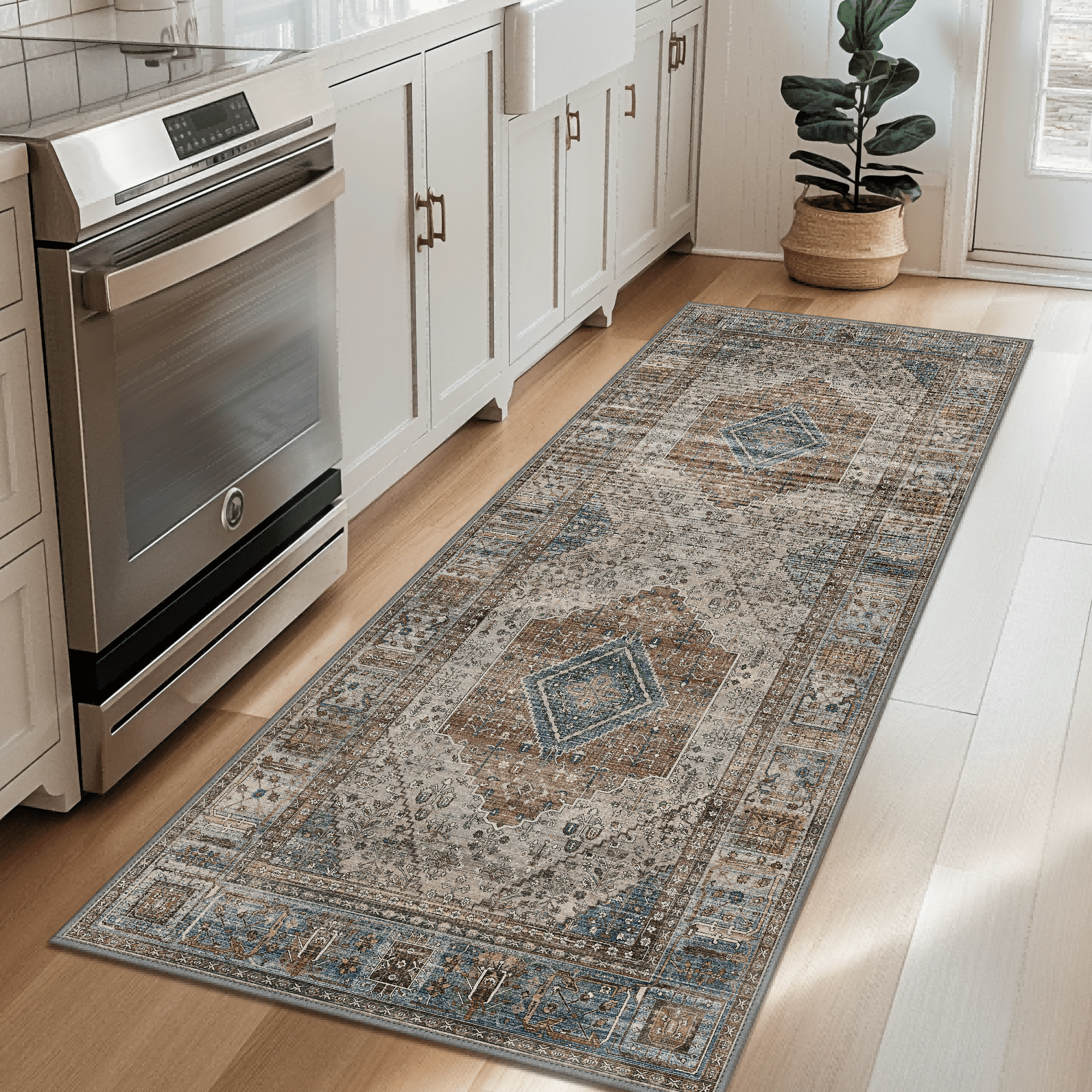 DEORAB Runner Rug 3X8 Non Slip Hallway Vintage Rugs, Machine Washable Lightweight Mat for Living Room, Entryway, Bedroom, Kitchen and Passage, Ultra-Thin, Blue Gray