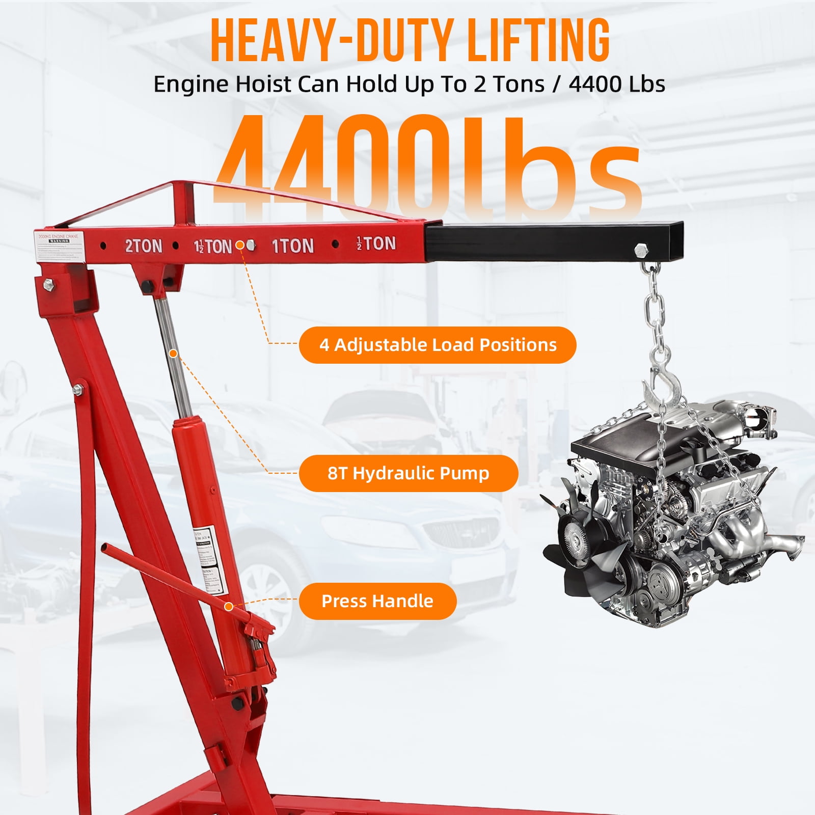 Mescukay 4400LBS Folding Engine Crane 2 Ton Engine Hoist Cherry Picker Hydraulic Shop Engine Shop Crane, Heavy Duty Engine Lift Garage Workshop Auto Repair Foldable Stand with 6 Caster