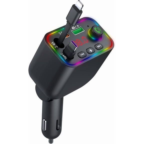 Retractable 120W Fast Car Charger with Type C and Lightnin Cables, Bluetooth FM Transmitter Car Adapter Handsfree Call Audio Receiver Radio Transmitter MP3 Player LED Backlit (Black)