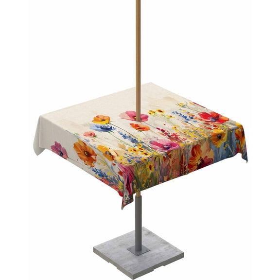 Fsddascl Pastoral Botanical Outdoor Tablecloth - 54x54 Inch Square Dining Table Cover, Watercolor Spring Summer Flowers Rustic Waterproof Outdoor Table Cloth with Umbrella Hole & Zipper for Patio