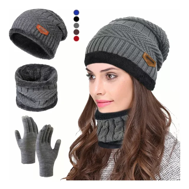 3en1 Gorro Bufanda Guantes Tejidos Unisex Invierno Para Frío