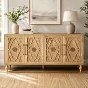 Atumcto Sideboard Buffet 63" with Storage Cabinet, 4-Door 4-Shelf, Natural Wood Color, Carved Flowers Doors & Cable Holes for Living Room, Kitchen & Entryway