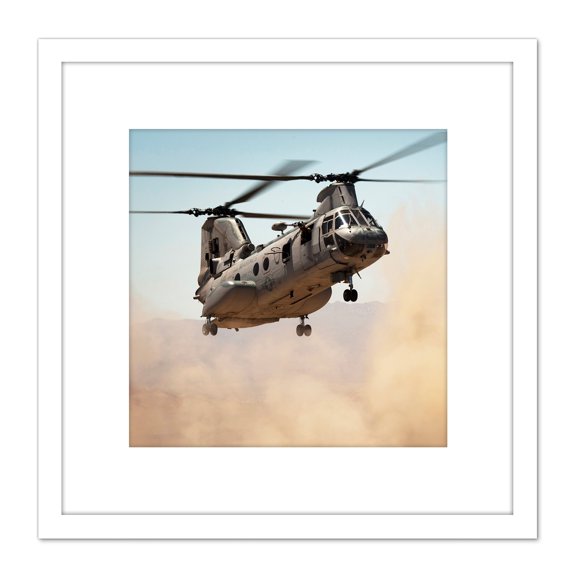Military USA Marine Corps Helicopter CH-46E Sea Knight Photo 8X8 Inch Square Wooden Framed Wall Art Print Picture with Mount