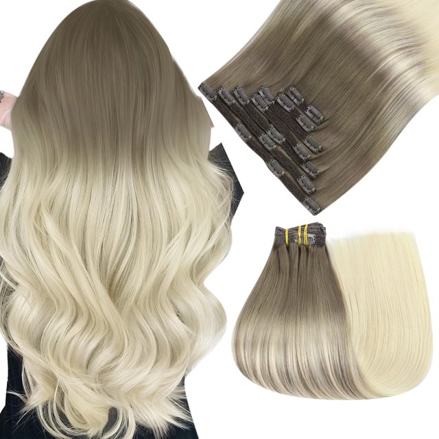 Extensiones de cabello humano Easyouth con clip, ombré, castaño claro, rubio platino, fácil de aplicar, 18 pulgadas, 7 unidades, 120 g