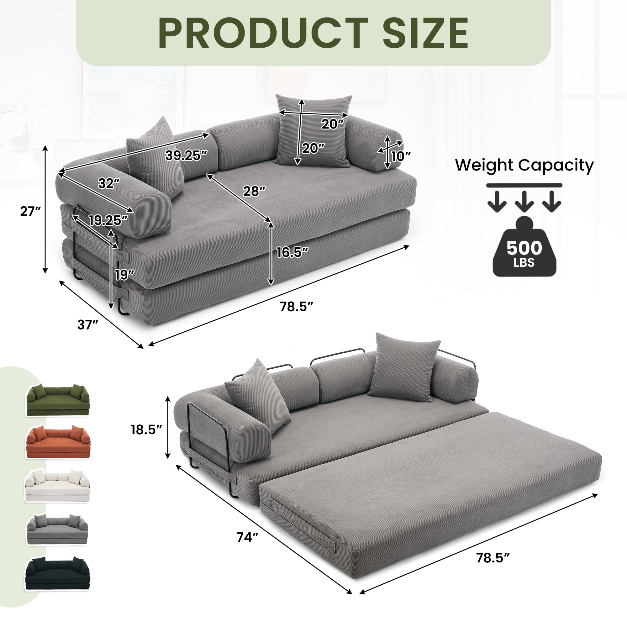Muumblus 78" Corduroy Loveseat Cloud Sofa , Queen Size Convertible Slpper Couch Bed for Living Room, Gray