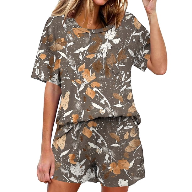 Conjunto de pijama de mujer de color sólido manga corta cuello redondo con pantalones, ropa de salón casual para el hogar y el sueño