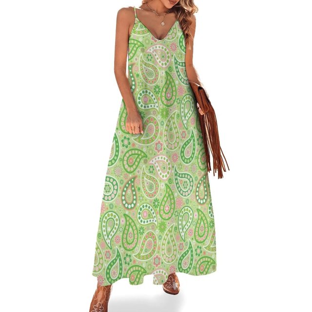 Vestido sin mangas Paisley en verde, rosa, coral y blanco, vestido de verano estilo coreano para mujer, vestido de mujer de moda