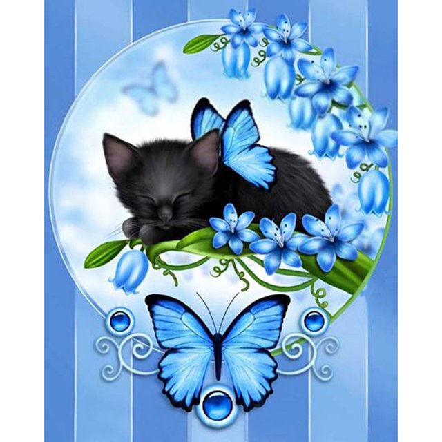 Diamond Painting (DE6126) Art Cat and Butterfly 5D DIY Square Kit Ornamento 40x50cm FLhrweasw Nuevo