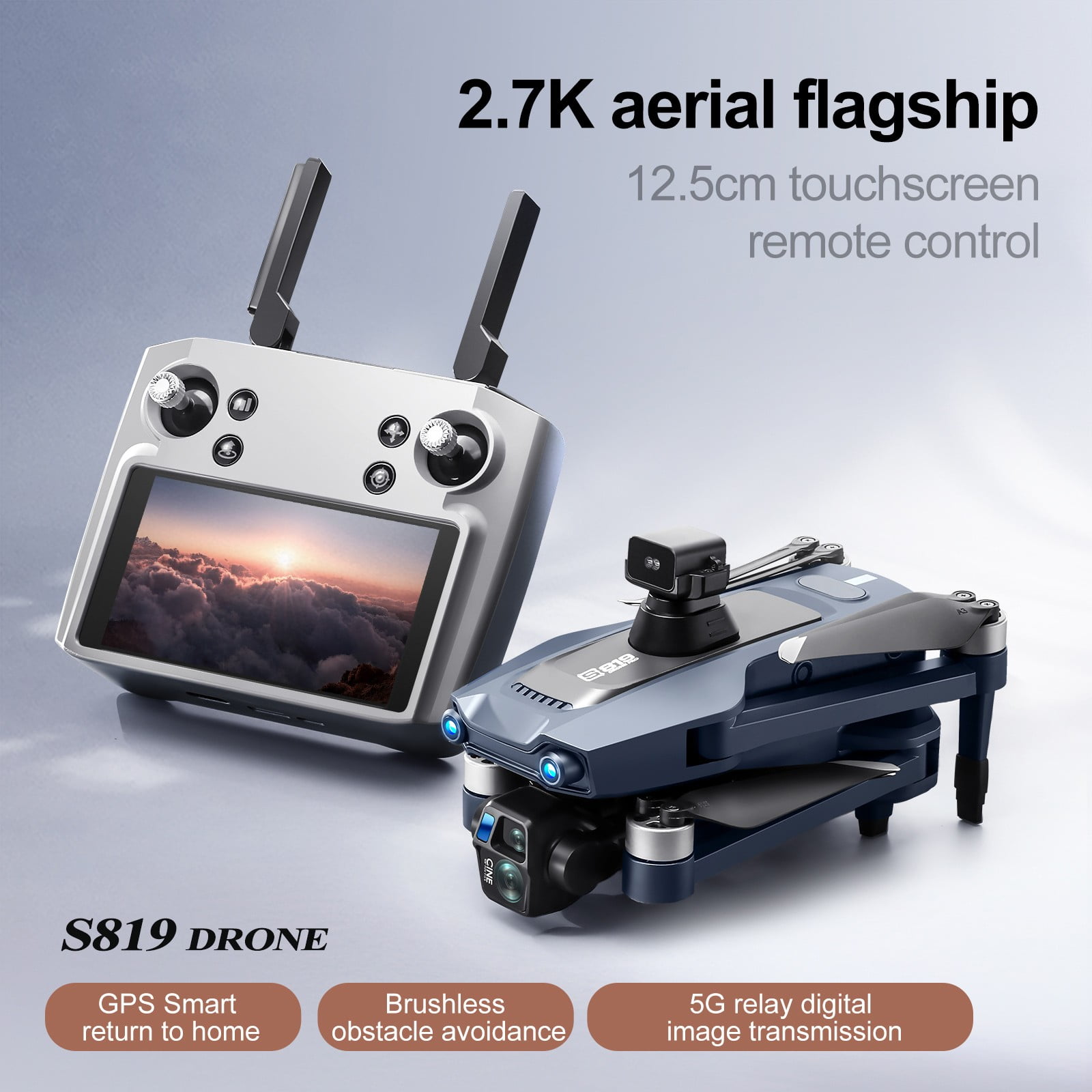 COM1950s Drone with Gps & 2.7K Camera,5 Inch Touch Screen Remote Control for Direct Viewing,Long Range 6000M Transmission with 5G,Foldable Design Featuring Laser Obstacle Avoidance,30Min Flight Time