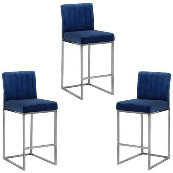 Home Square 3 Piece 26" Velvet Counter Stool Set with Silver Metal Base in Navy