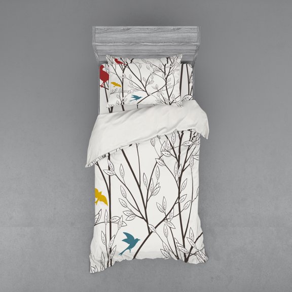 Ambesonne Nature Bedding Set 3 Pcs, Birds Wildlife Cartoon, Twin, Mustard Maroon