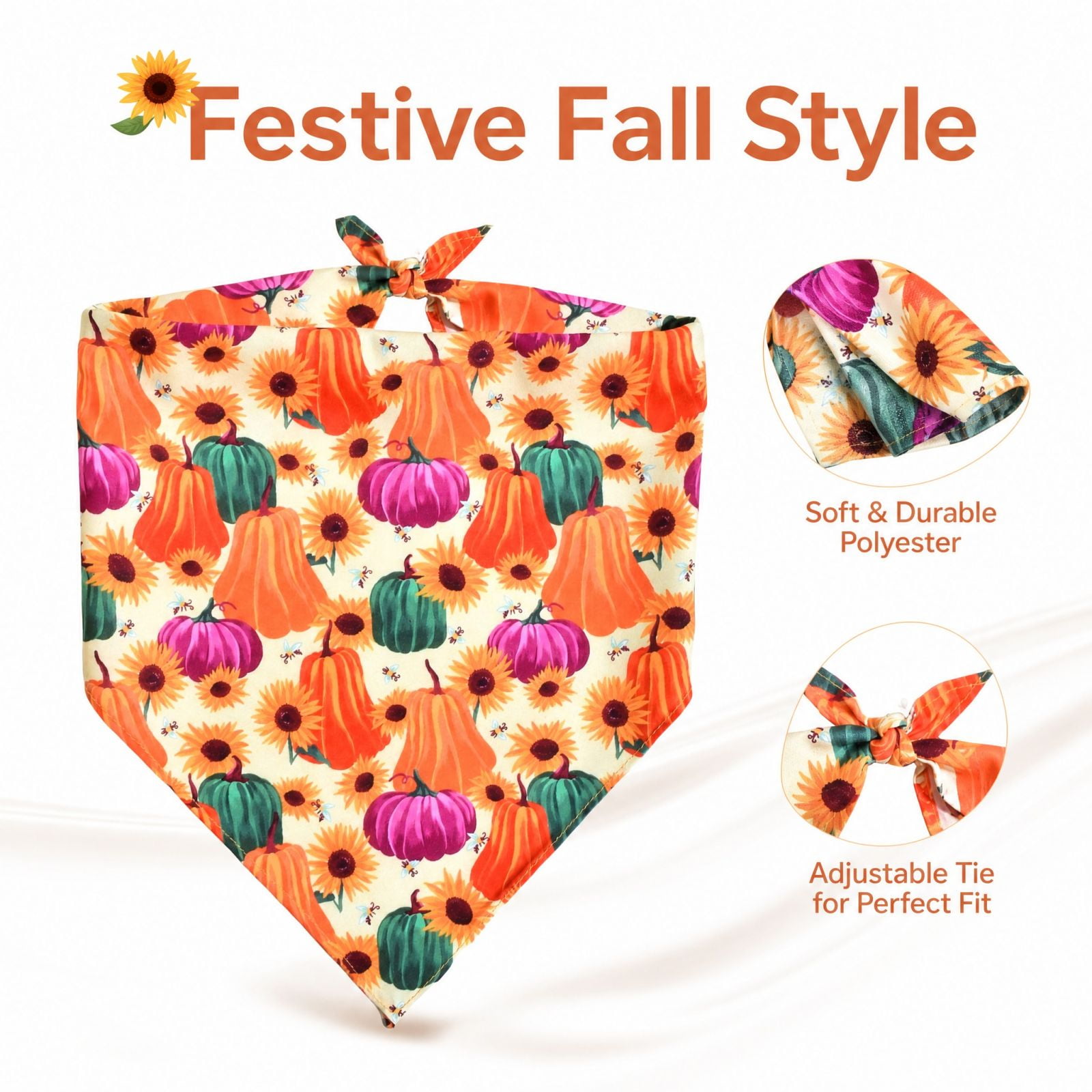 Fall Dog Bandana with Pumpkin and Sunflower Print 1 Piece Orange and Purple Design for Small Dogs and Cats Pet Bib