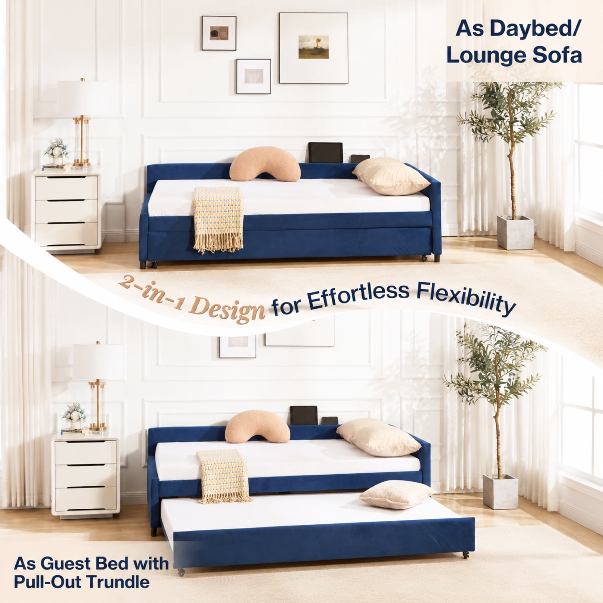 Leumius Upholstered Daybed with Trundle,Sturdy Wooden Bed Frame, Modern Diamond Grid Design for Bedroom Guest Room (Navy)