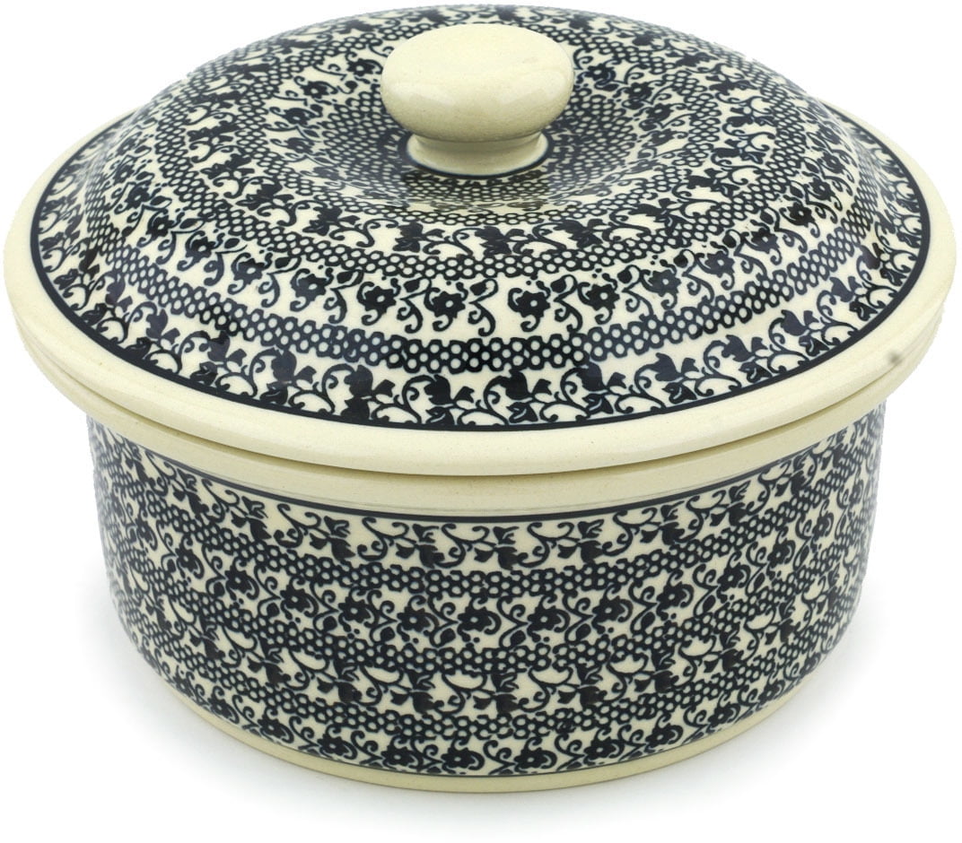 Polish Pottery 7¾inch Dish with Cover (Black Lace Theme) Hand Painted