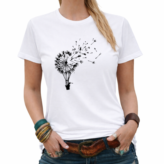 Giffimy Dandelion Hot Air Balloon Womens Print Tshirt Graphic Tees White/Black S-5XL Tops