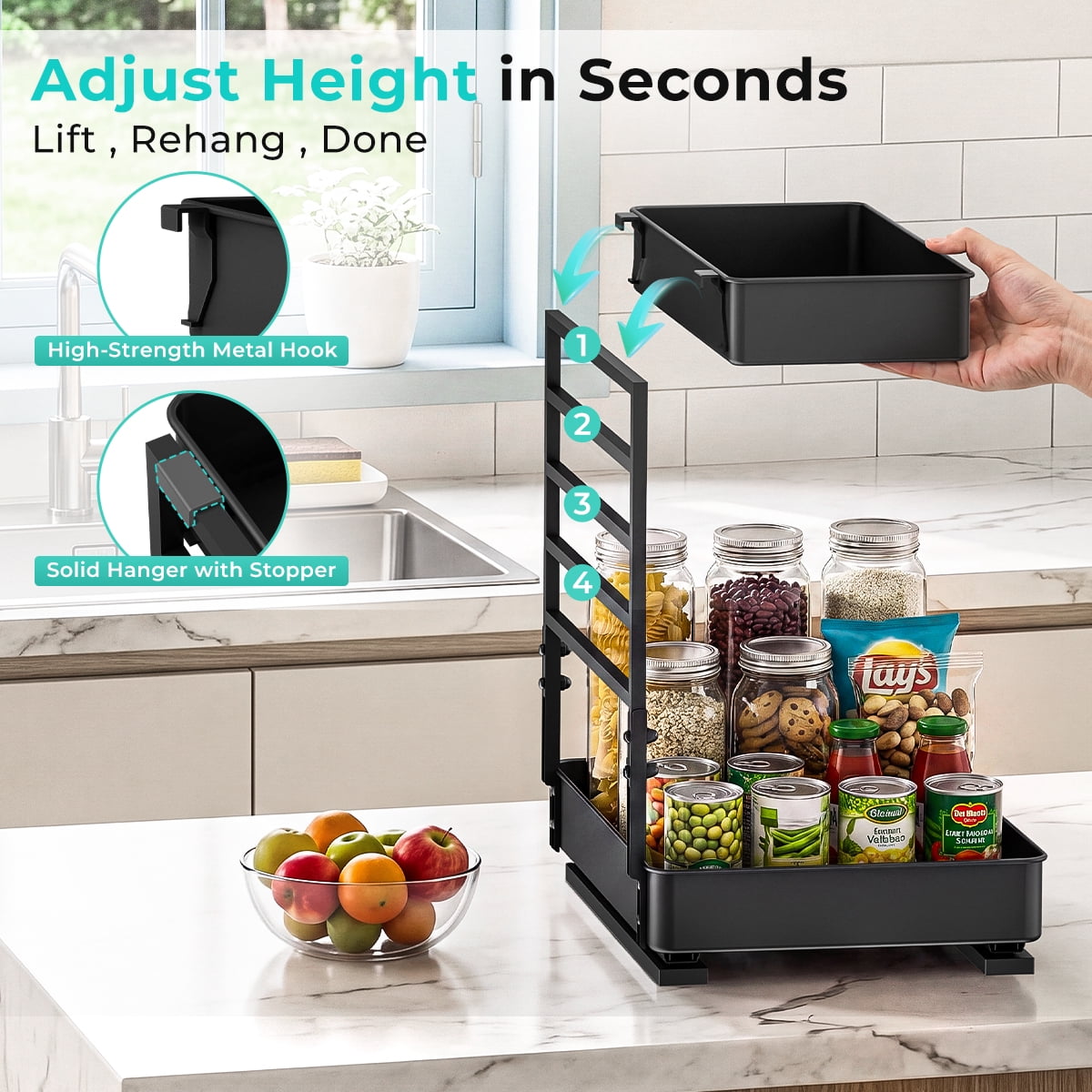 Everie Adjustable 2-Tier Pull Out Under Sink Organizer Heavy Duty Metal Slide Shelf for Kitchen Bathroom Cabinet 16" Deep 2-Pack Black