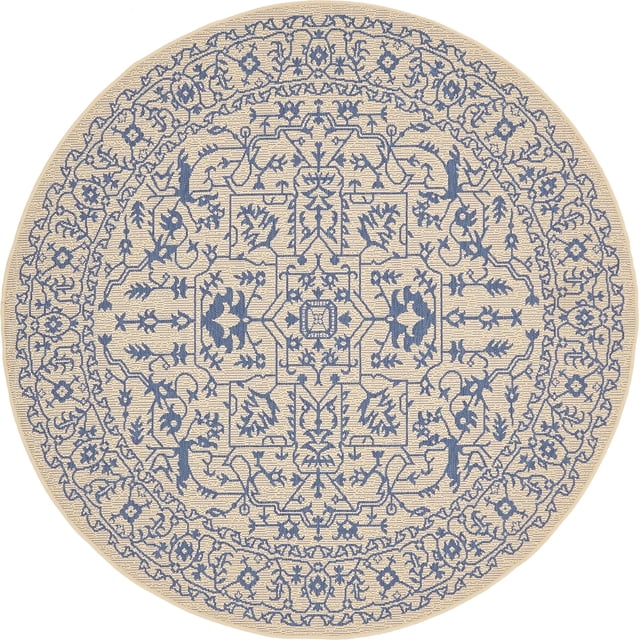 Unique Loom Botanical Collection Traditional Floral Border Transitional Indoor and Outdoor Flatweave Round Rug, 6', Beige/Blue