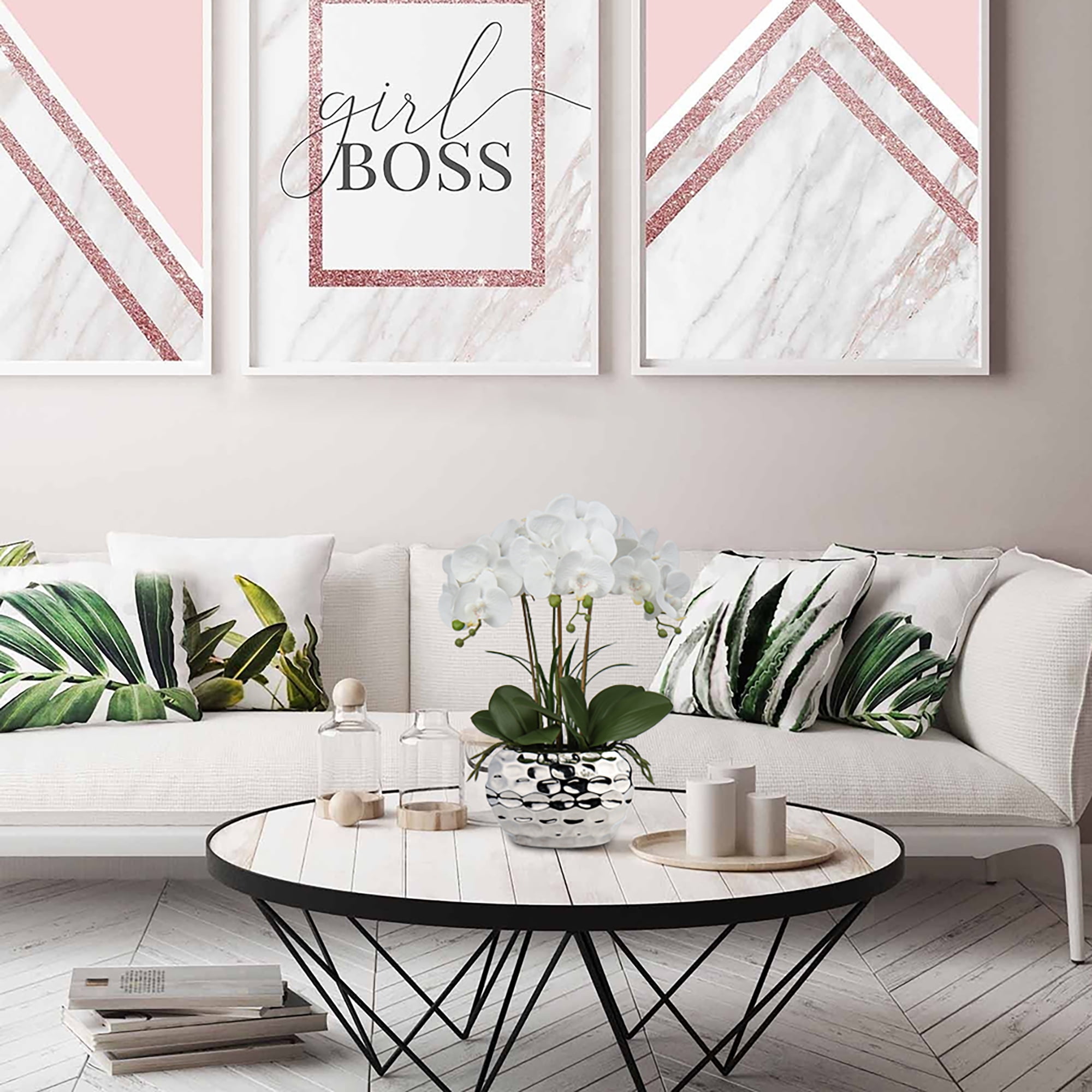 Orchids Artificial Flowers 18" White Phalaenopsis Large Orchid with Silver Ceramic Pots Silk Faux Orchid Arrangement for Home Office Bathroom Living Room Table Decoration