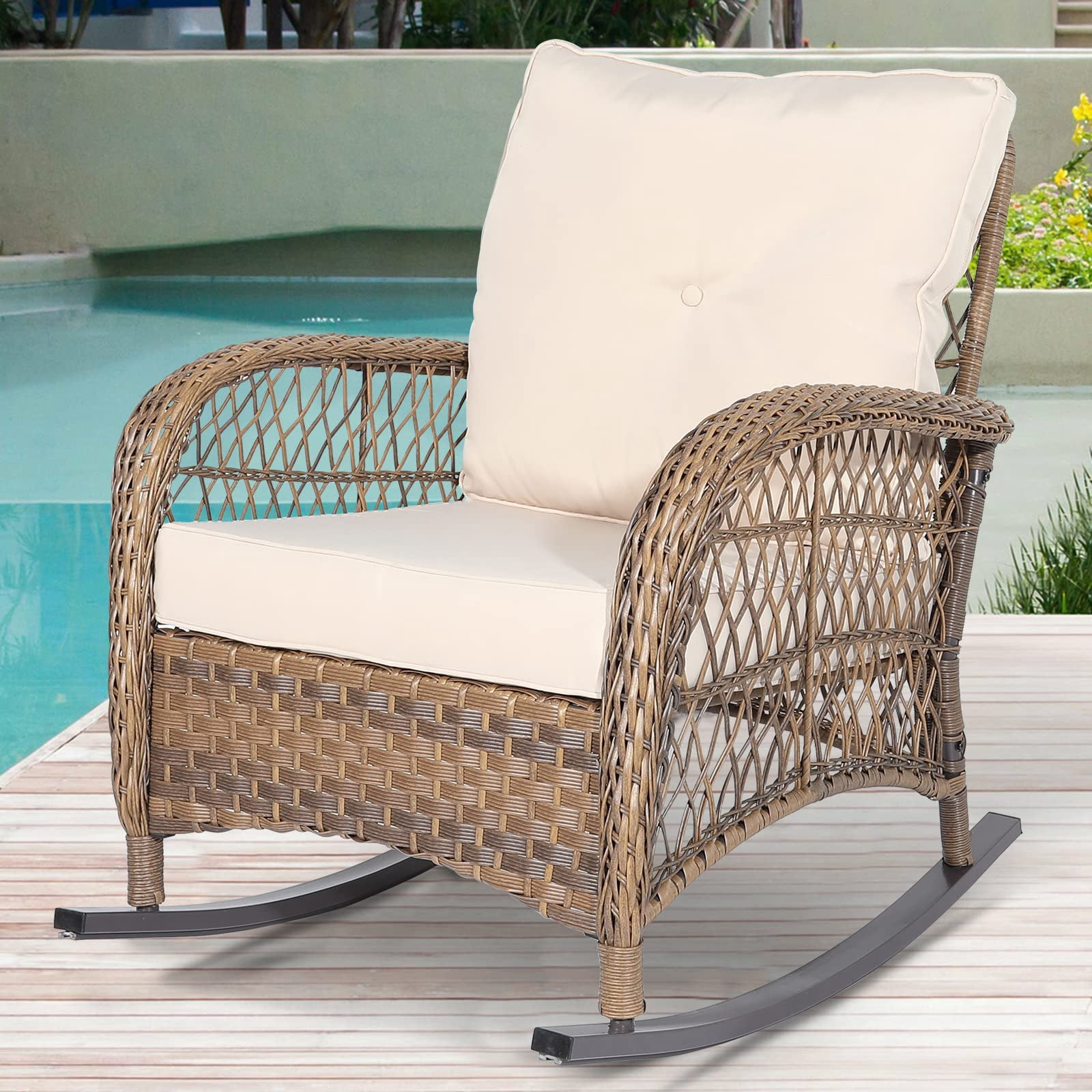 SOCIALCOMFY Wicker Steel Outdoor Rocking Chair with Beige Cushions