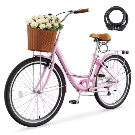 24 26 inch 7 Speed Bicycle for Women with Basket & Lock Cruiser Bike for Women Womens Commuter Bicycle Lightweight City Bikes for Adults Ladies