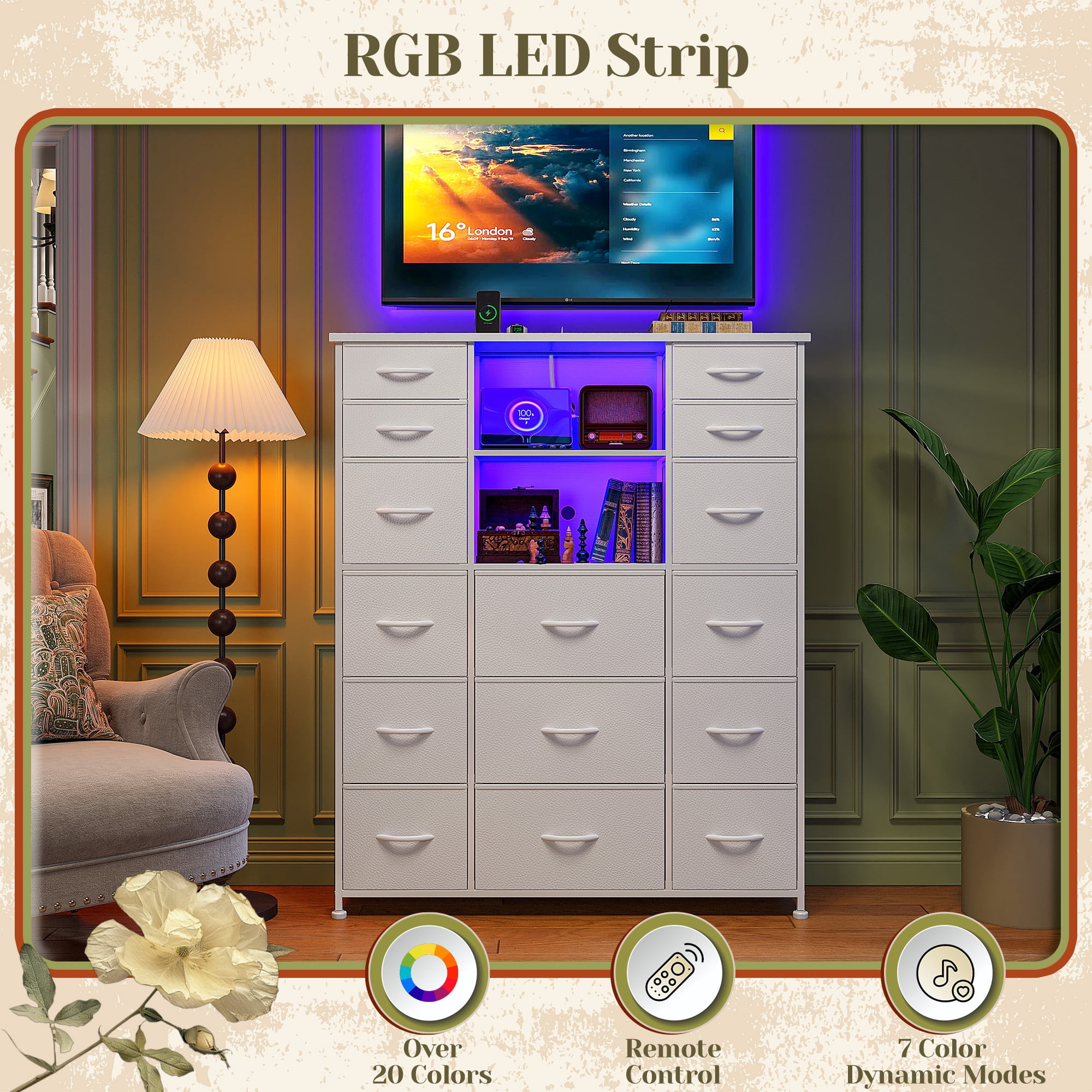 Romorgniz 51" H Dresser with 15 Fabric Drawers Tall Dresser for Bedroom with Charging Station & LED Lights, White