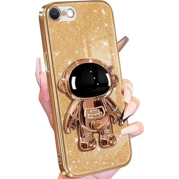 PLUHKN-for iPhone SE 2022/ SE 2020/8/7 Case Astronaut, Clear Cases with Glitter Paper & Spaceman Stand, Women Girls Cute Electroplated Sparkly Space Phone Cover for SE 2022/ SE 2020/8/7 Golden