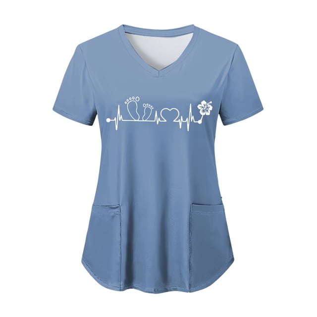 NIEWTR V Neck Pattern Print Scrub Tops Women Comfortable Durable Medical Uniform Blouses with 2-Pockets(Blue,L)
