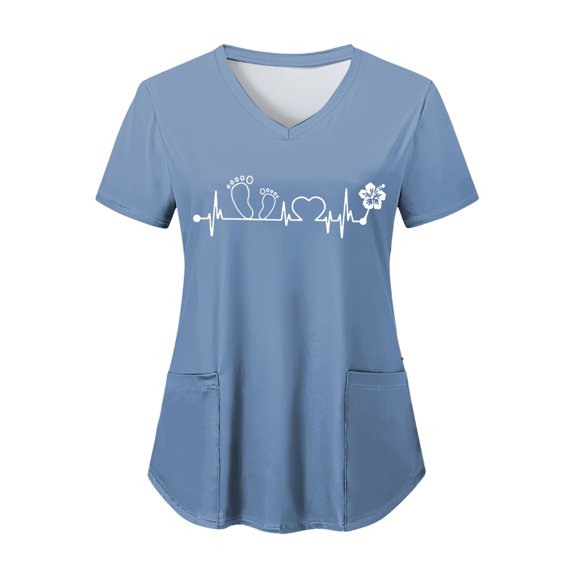 NIEWTR V Neck Pattern Print Scrub Tops Women Comfortable Durable Medical Uniform Blouses with 2-Pockets(Blue,XL)