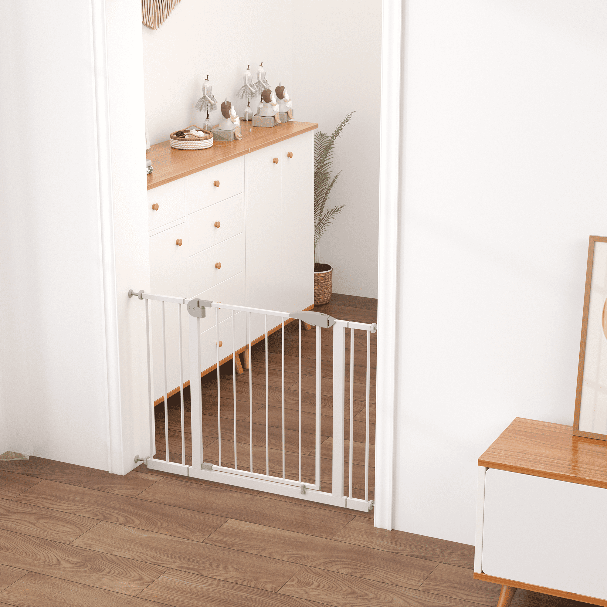 29.5-45.3" Wide Baby Gate for Stairs,Toddler Safety Essentials for The House, Dog Gate Indoor for Doorways, No Drilling Pressure Mounted Pet Gates for Kids, Easy Walk Through Safety Gate, White